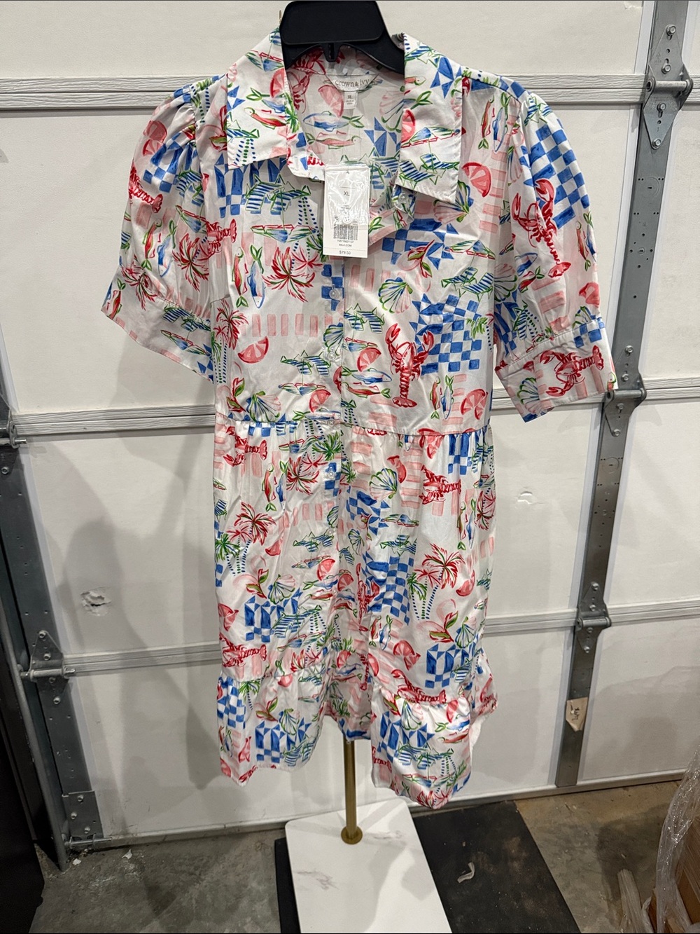 crown & ivy White Tropical Print Midi Dress with Blue and Red Accents